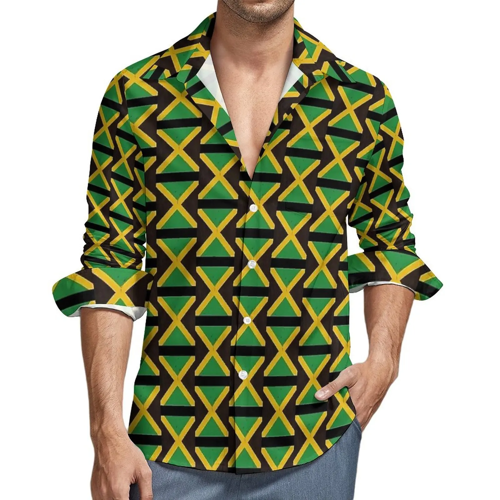 Men's Shirt Jamaican Flag Casual Shirts Long Sleeve Green Yellow Breathable Blouse Autumn Cool Custom Oversized Clothing