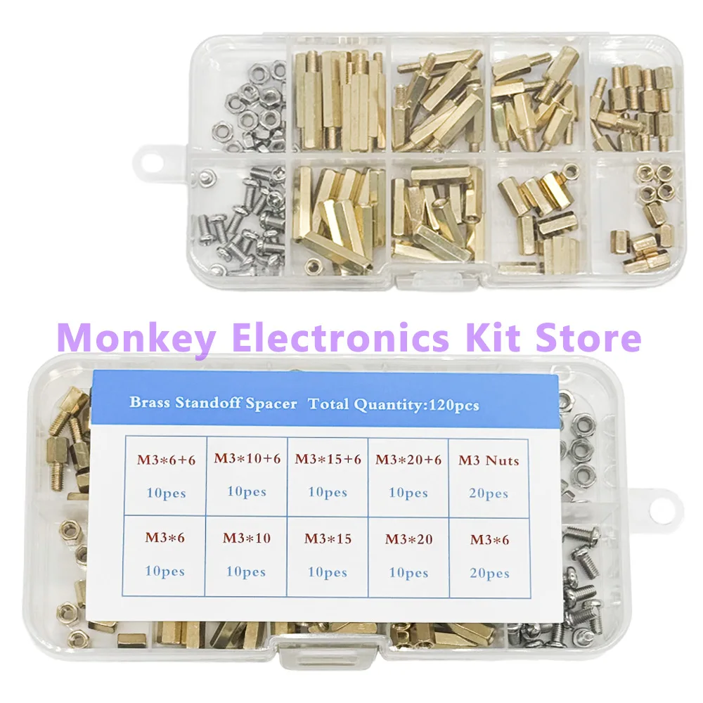 120pcs M3 Male-Female Brass Standoff Support Spacer Pillar Hex Column M3 Screw Nut For PCB Board Kit