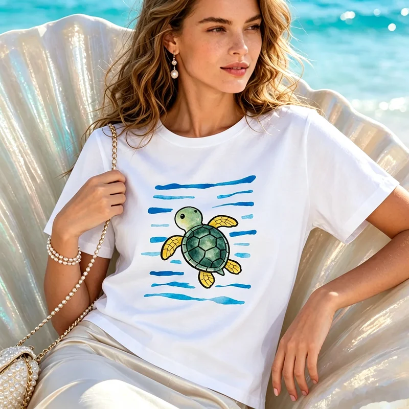 Vibrant Sea Turtle Ocean Stripes Watercolor Art T Shirt Light Grey Premium Cotton Short Sleeve Sea CreatureBeach Souvenir Tee