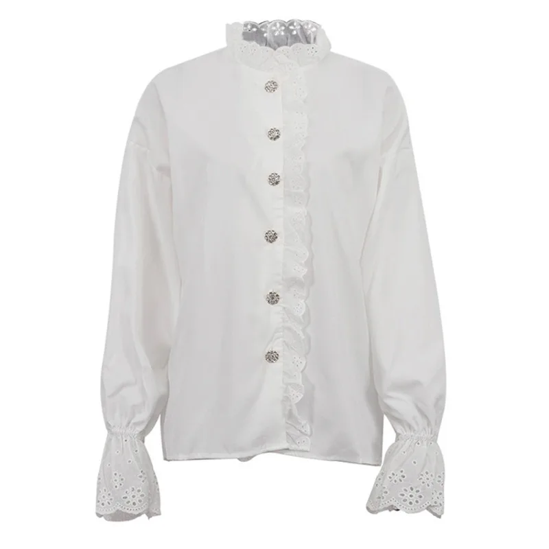 

Autumn/winter Women's Stand Up Collar Diamond Inlaid Ruffle Blouse Women's Versatile Women's Elegant Commuting White Shirt Top