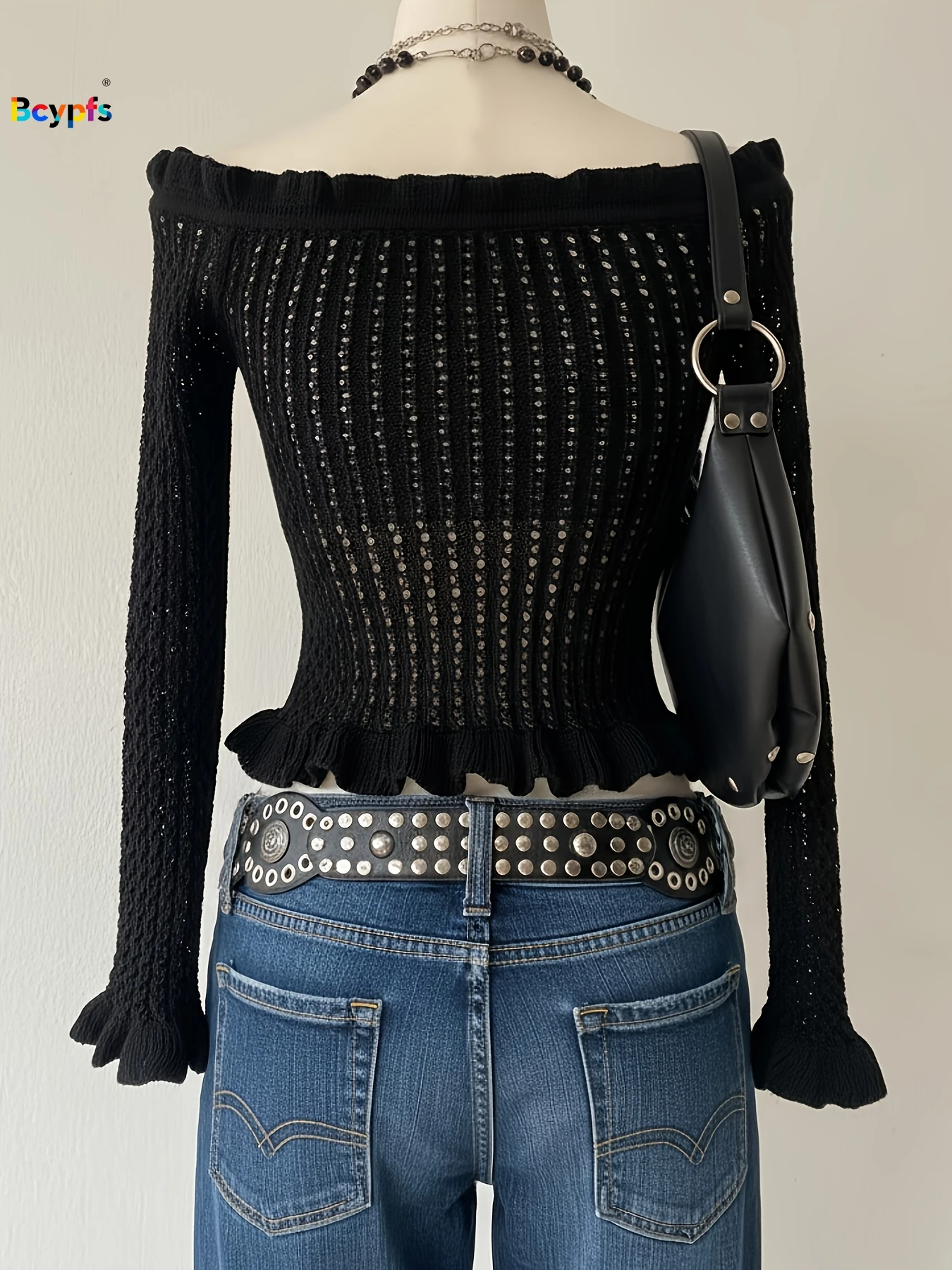 Gothic Punk Off-the-shoulder Knit Top Black Hollow-out Ruffled Hem LongSleeve CroppedSlimFit Y2K AestheticStreetwearforPartclub