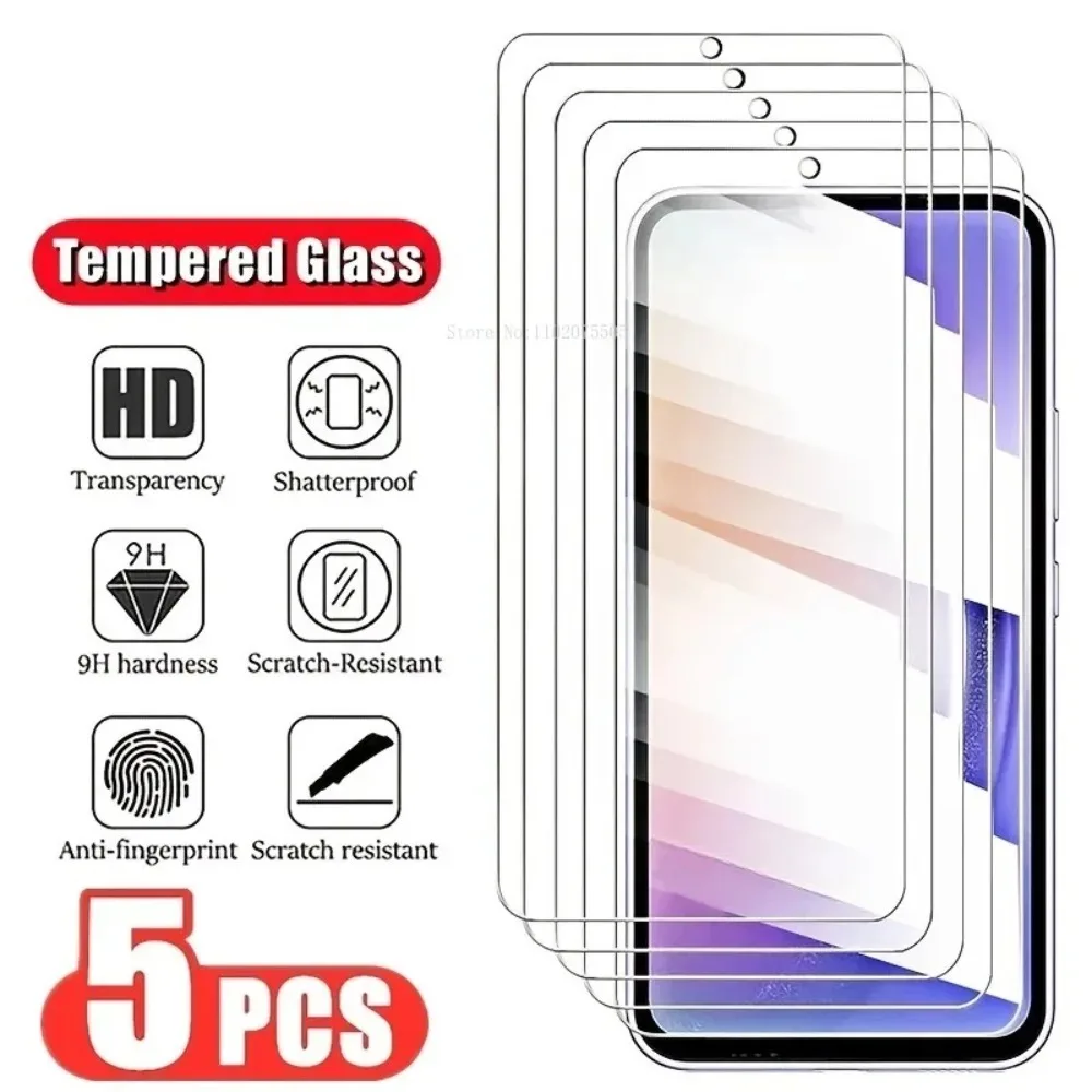 5Pcs Tempered Glass For Samsung Galaxy A54 A34 A53 A52 A14 A33 A23 A32 A51 A52S A73 A72 M12 M32 M52 Screen Protectors