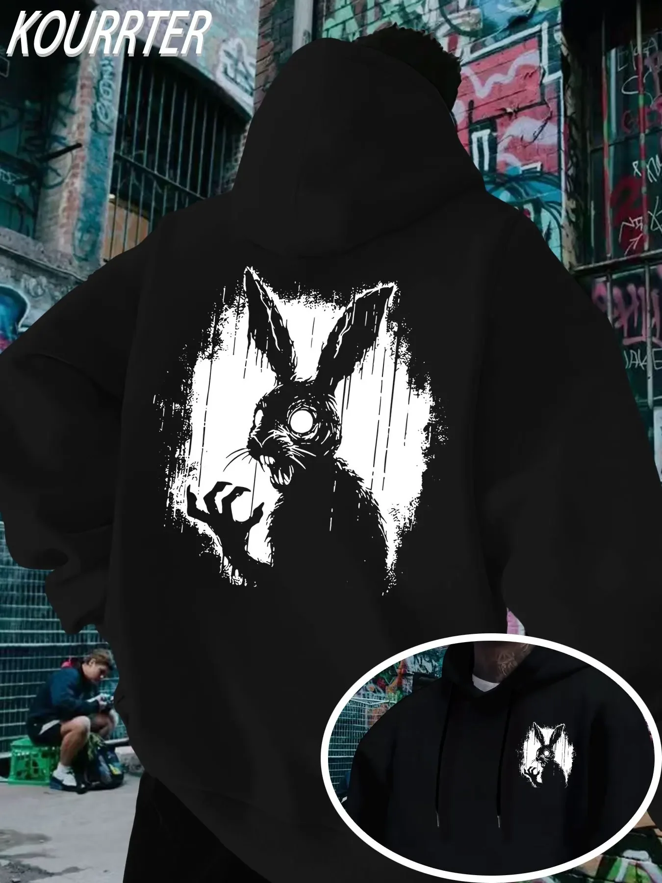 Korean Hot Gothic Grunge Bunny Graphic Hoodie Unisex Dark Rabbit Double Sided Print Loose Hooded Pullover Streetwear