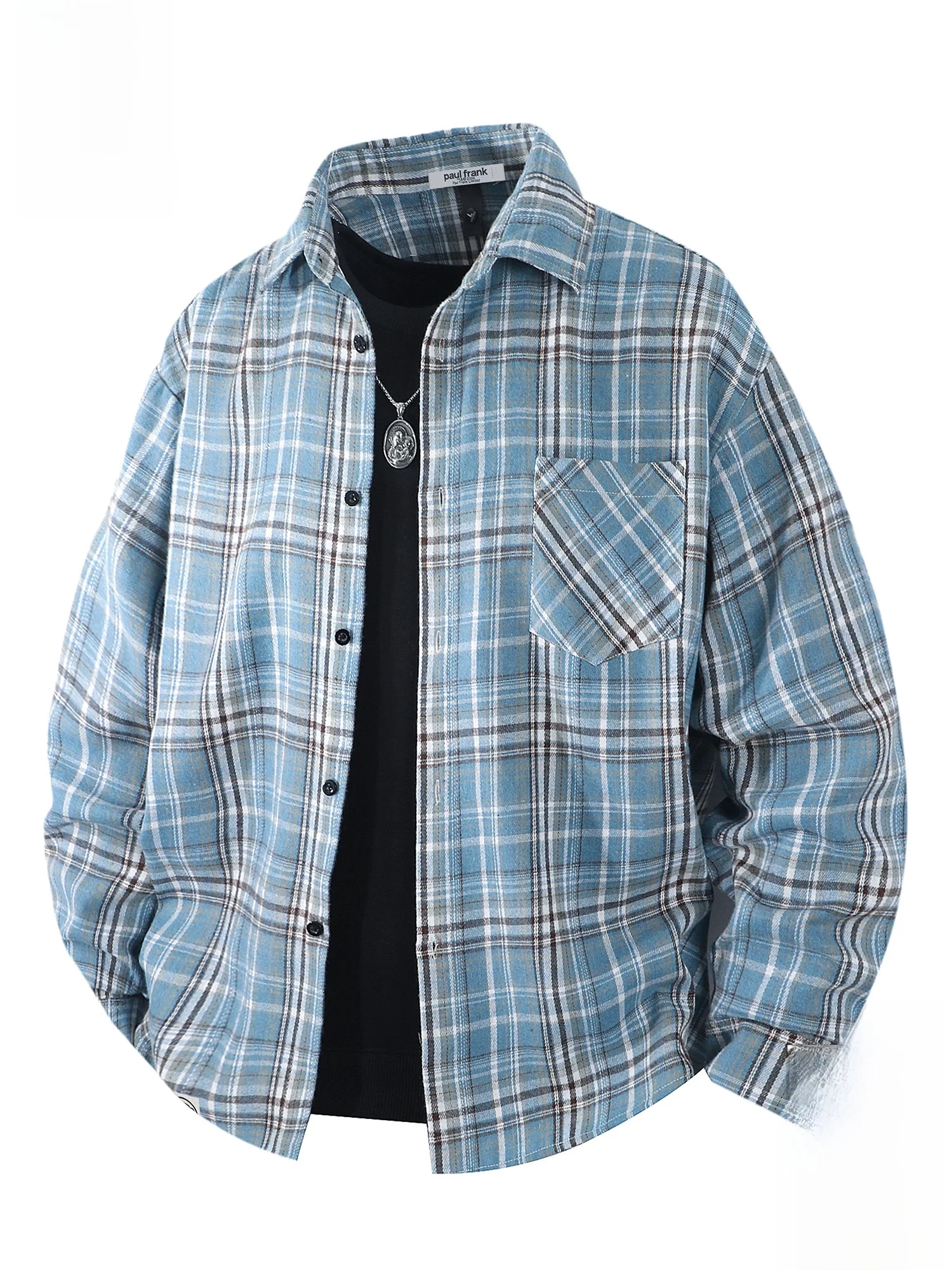

PaulFrank Men's Loose Fit Plaid irt Spring Season Turn-down Collar Long Sve Casual irt Polyester Cotton Blend