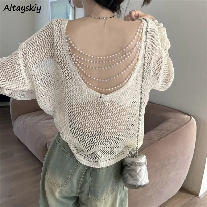 Hollow Thin Pullovers Women Solid Loose Outerwear Sun-proof Backless Design Chic Sweet Elegant Long Sleeve Female Spring Autumn