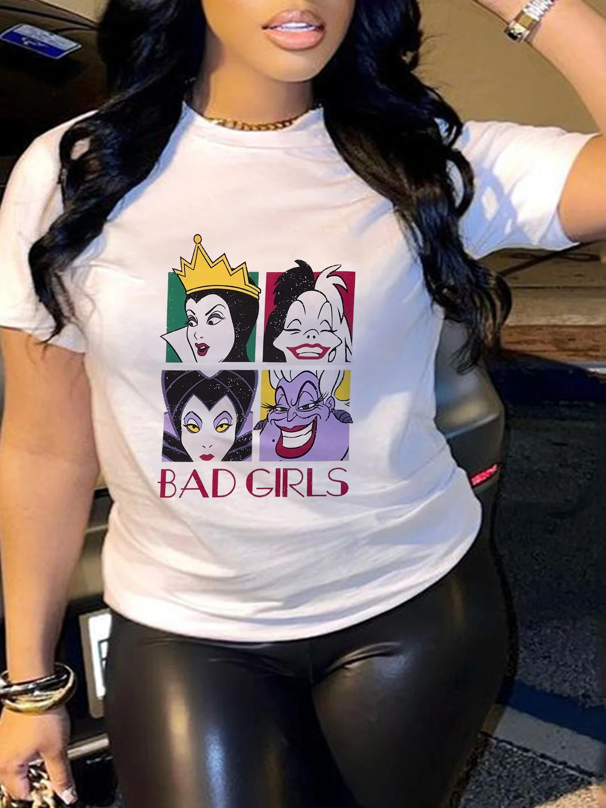 

Funny Bad Girls Print T-Shirt Female Summer Disney Cartoon Ursula Maleficent Cruella De Vil Tee Top Casual Tops Clothing Y2K