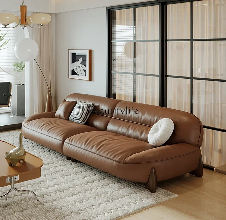 Leather sofa Italian simple first layer cowhide brown high density sponge straight row medium and ancient style