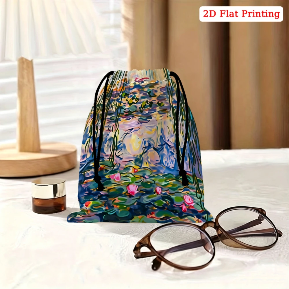 1pc Vintage Style Drawstring Bag Multicolor Water Lilies Print Storage Small Pouch For Glasses Cosmetics Travel Organizer Portab