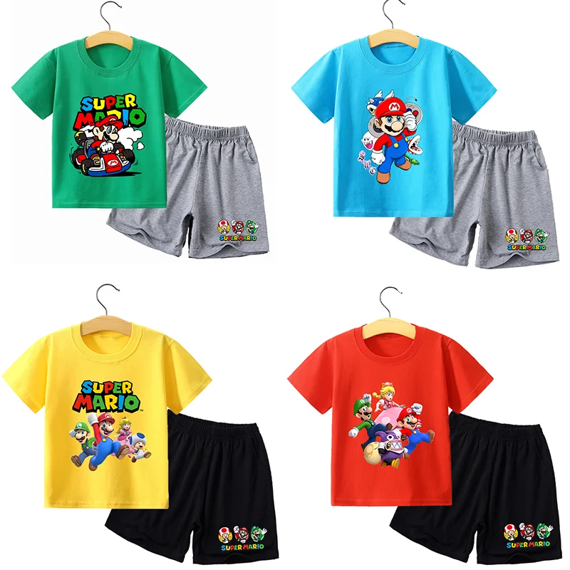 Camiseta de Super Mario Bros + conjunto de 2 piezas de pantalones cortos, ropa de verano de algodón de la princesa Peach Luigi, regalos de fiesta de cumpleaños de manga corta a la moda