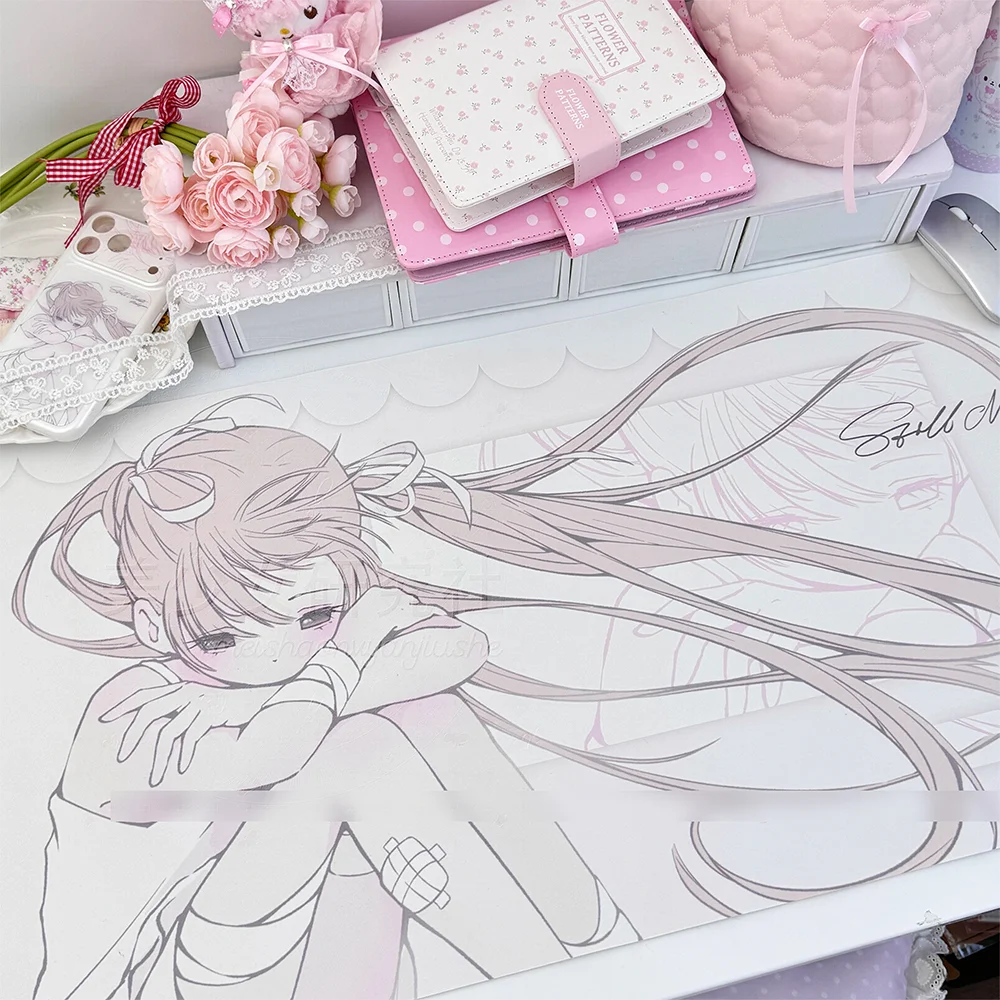 Korean Ins Comic Girl PU Leather Desk Pad Mouse Protector Large Small Mouse Pad Home Office Game Desk Mat Pc Laptop Desk Pad