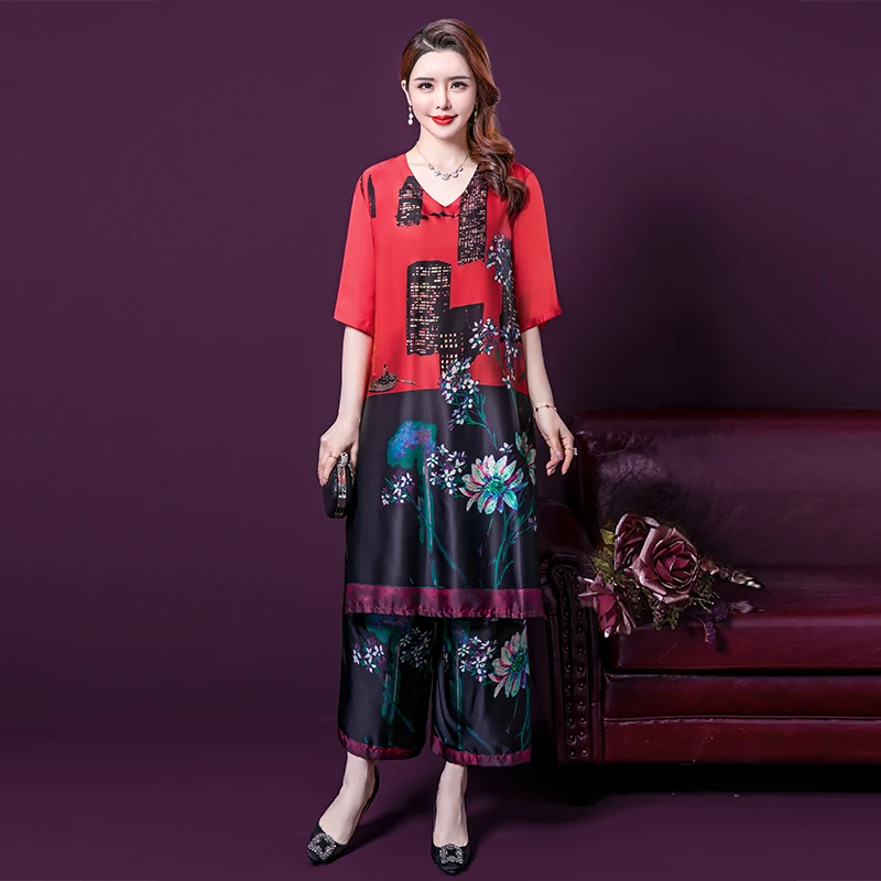 

Женский комплект из двух предметов, свободное шелковое платье с широкими штанинами и обложкой, модель 5XL