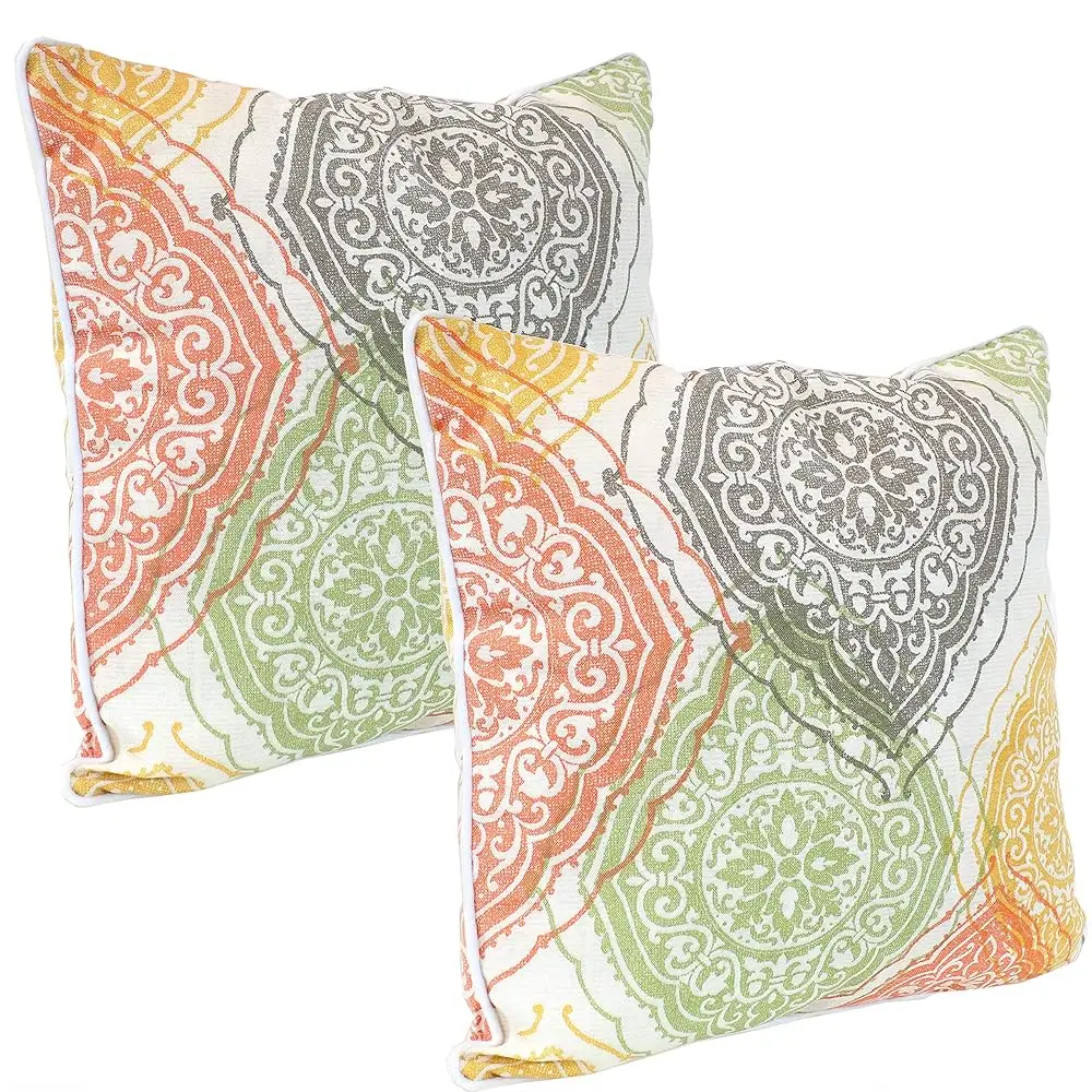 

16-Inch Square Indoor/Outdoor Decorative Throw Pillows - Set Of 2 - Muted Damask Mandalas
