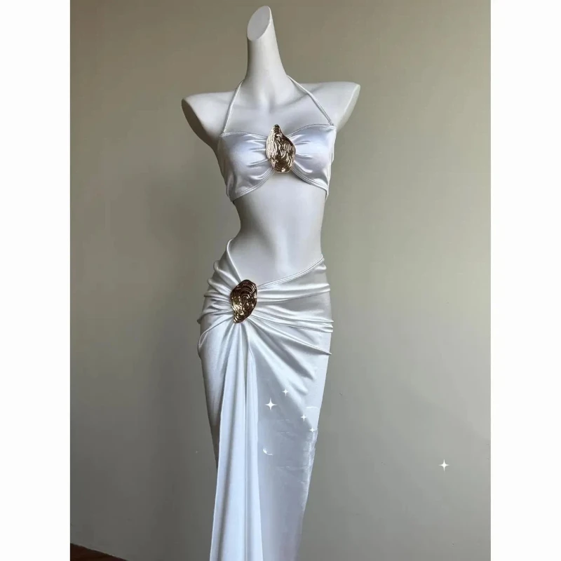 Women White Satin 2 Piece Bikini Set Halter Top Wrap Skirt with Gold Accents for Beach Vacation