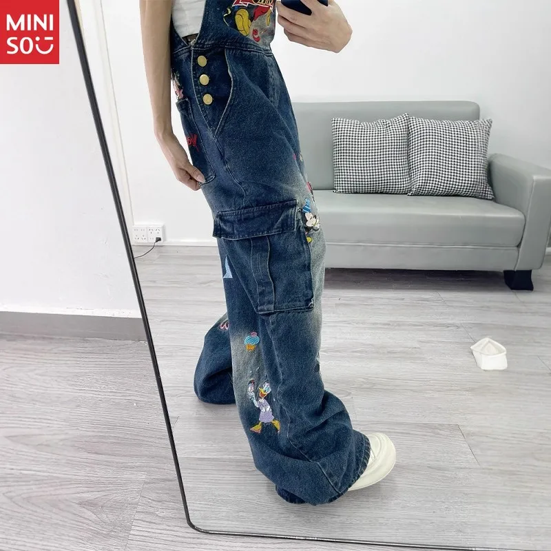 Джинсовый комбинезон с 3D вышивкой и рисунком Микки — женский комбинезон с широкими штанинами High Street, мягкая прочная ткань, регулируемые бретели