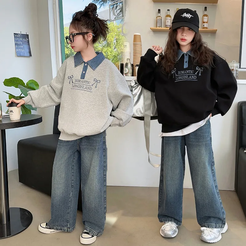 Kids Girls Long‑Sleeve Polo Sweatshirt Bow Letter Embroidery Pullover Preppy Casual School Tops For 6‑16Y