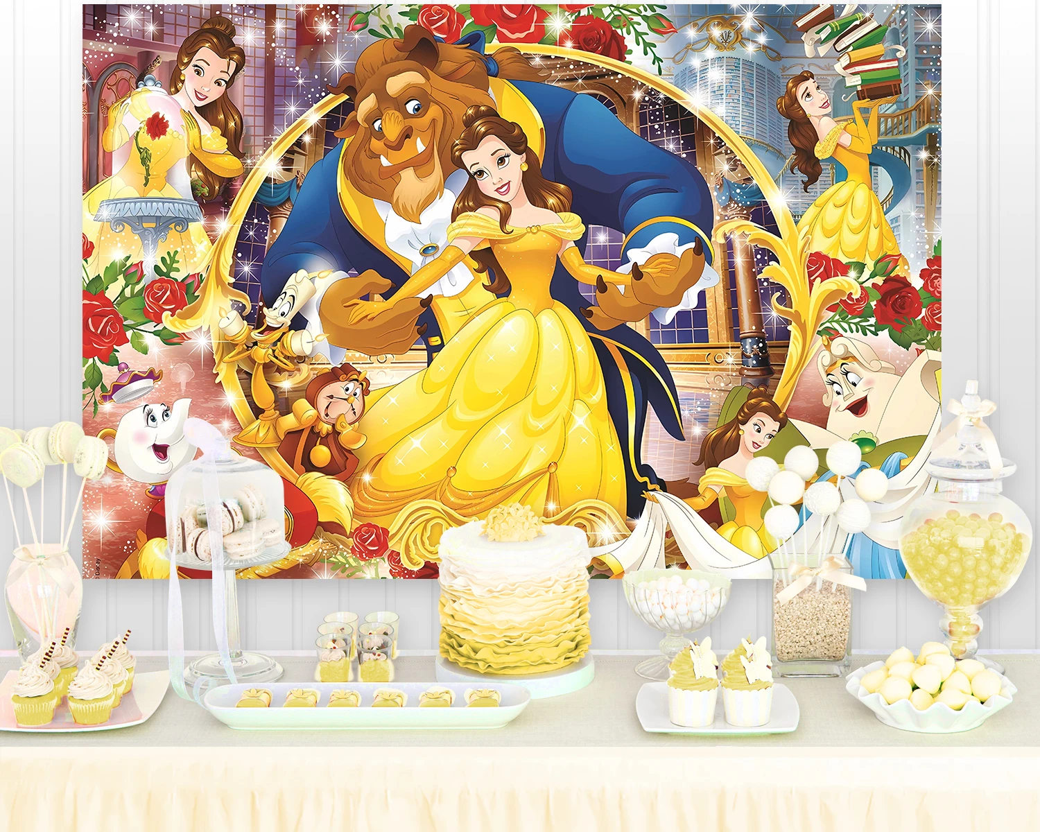 Cartoon Beauty and Beast Photography Backrops for Children Birthday Party Decoration Customize Rose Belle Background Photocall