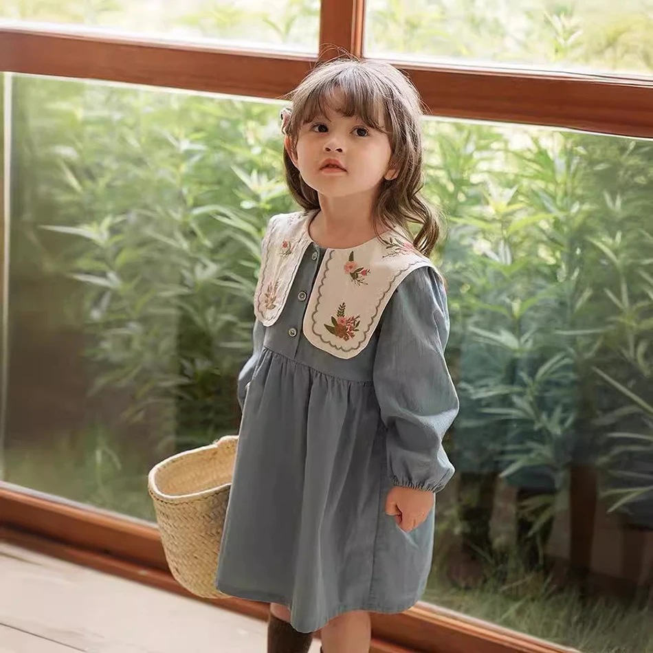 Cute and Stylish Girls Floral Embroidered Turn-Down Collar Dress Girls Casual Dresses Everyday Versatile Girls Dresses