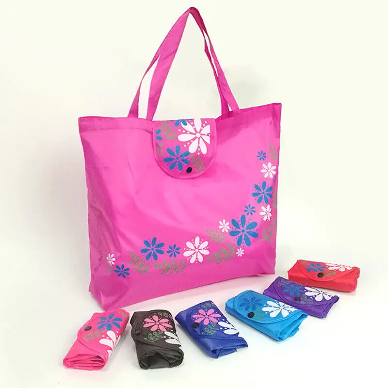 Bolsa de compras plegable con estampado de flores, bolso de mano con hebilla a presión, respetuoso con el medio ambiente, de gran capacidad,