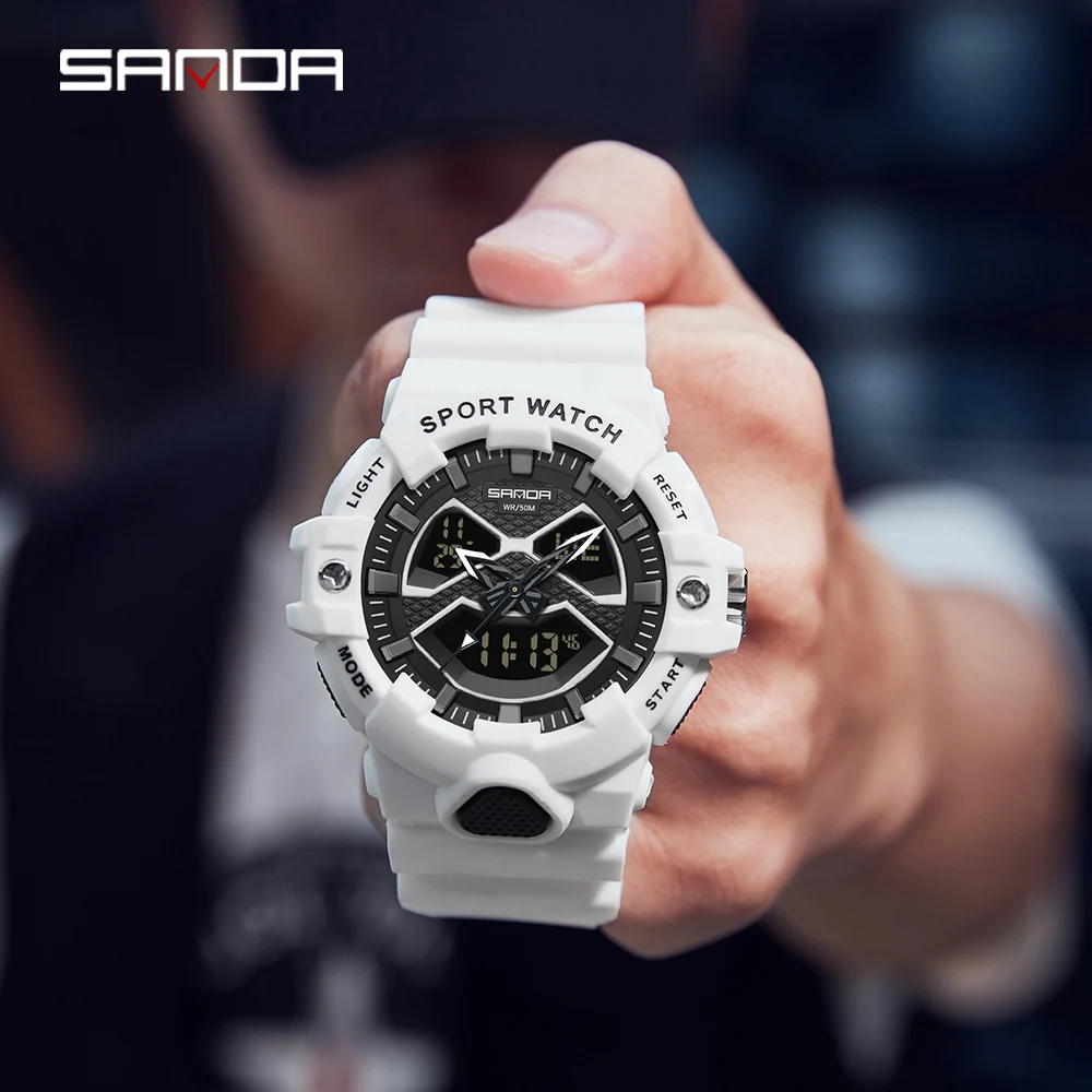 ساعة يد رجالية ساندا ، 50 متر ، مقاومة للماء ، عسكرية ، رياضية ، شاشة مزدوجة ، كوارتز ، ساعة رقمية ليد