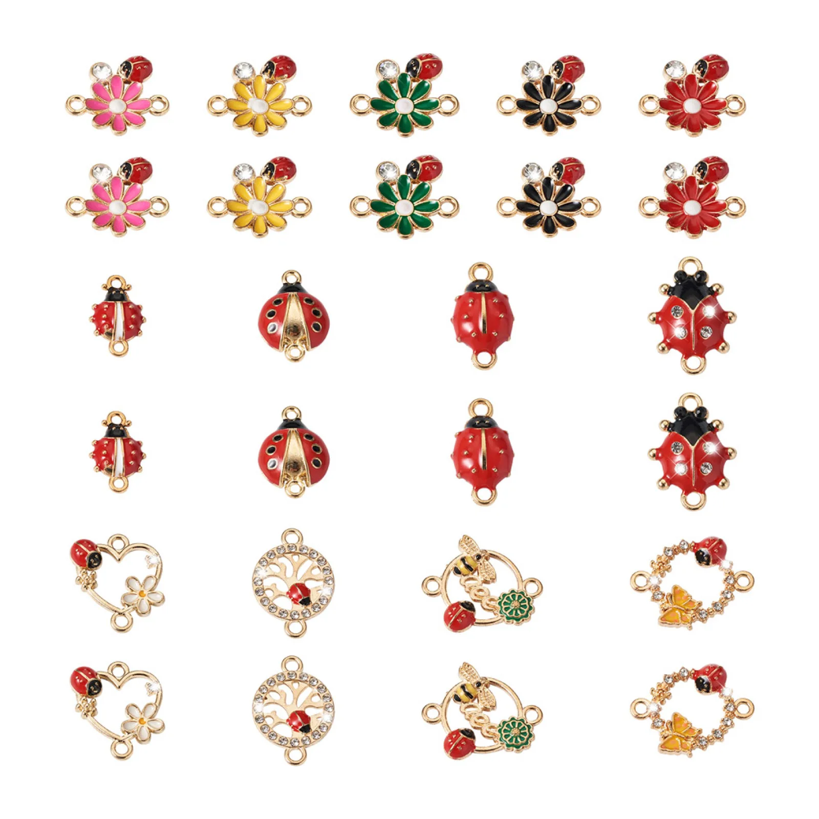 26Pcs Ladybug Bee Flower Shape Pendant Alloy Enamel Connector Charms Crystal Rhinestone for Women Earring Bracelet Making DIY