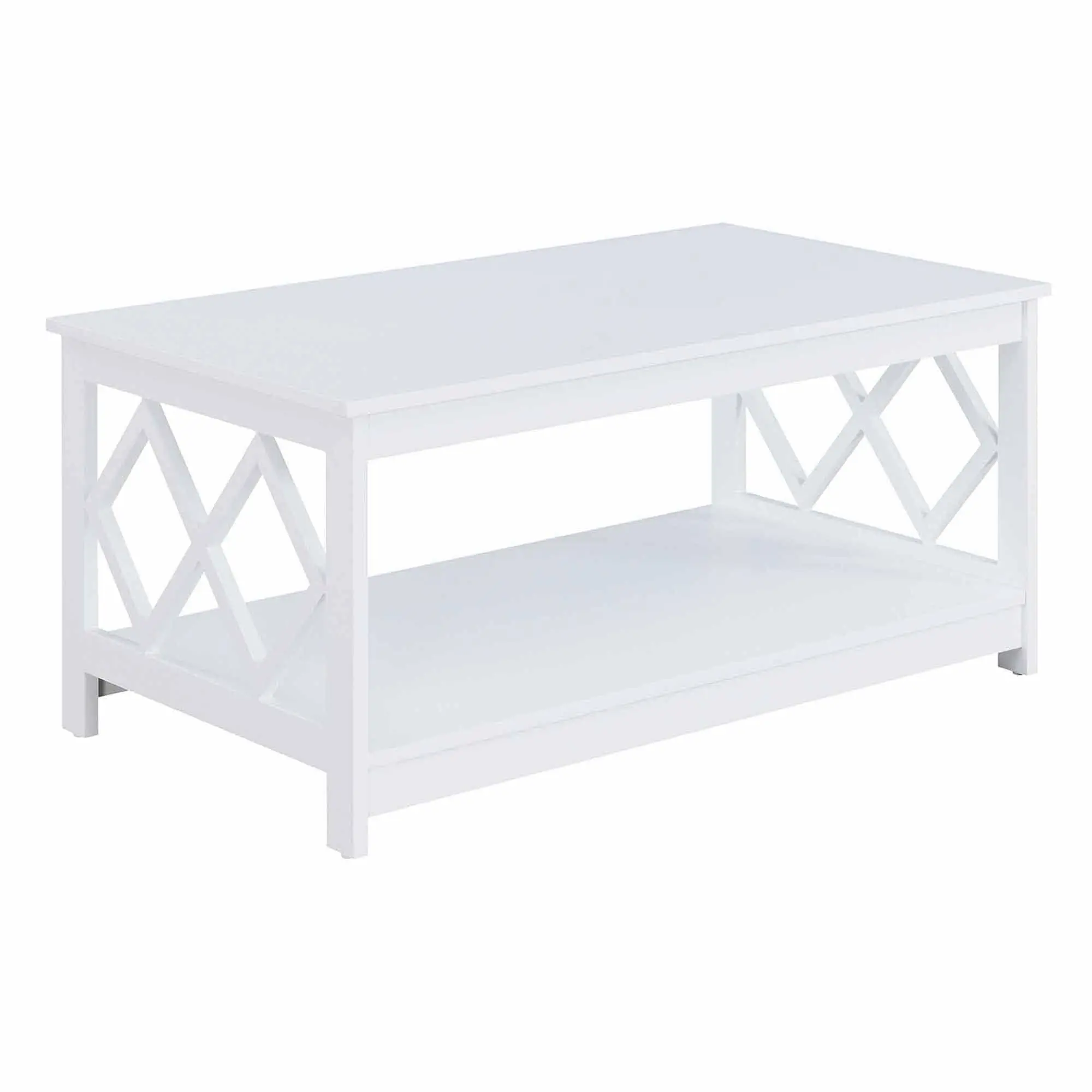 

White Rectangular Coffee Table With X-Style Side Panels And Lower Shelf
