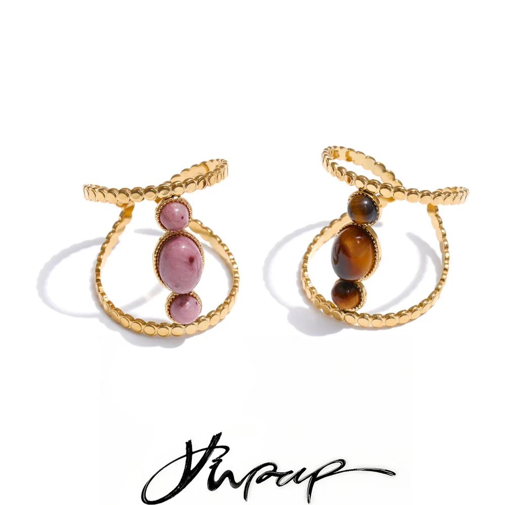 Yhpup Natural Rhodochrosite Tiger Stone Adjustable Minimalist Ring Golden Stainless Steel Fashion Jewelry Rust Proof