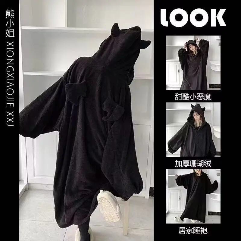 

Winter New Fleece Warm Women's Cute Devil Pajamas Long Sleeve Outfit Set Women Sweet Solid Color Home Wear