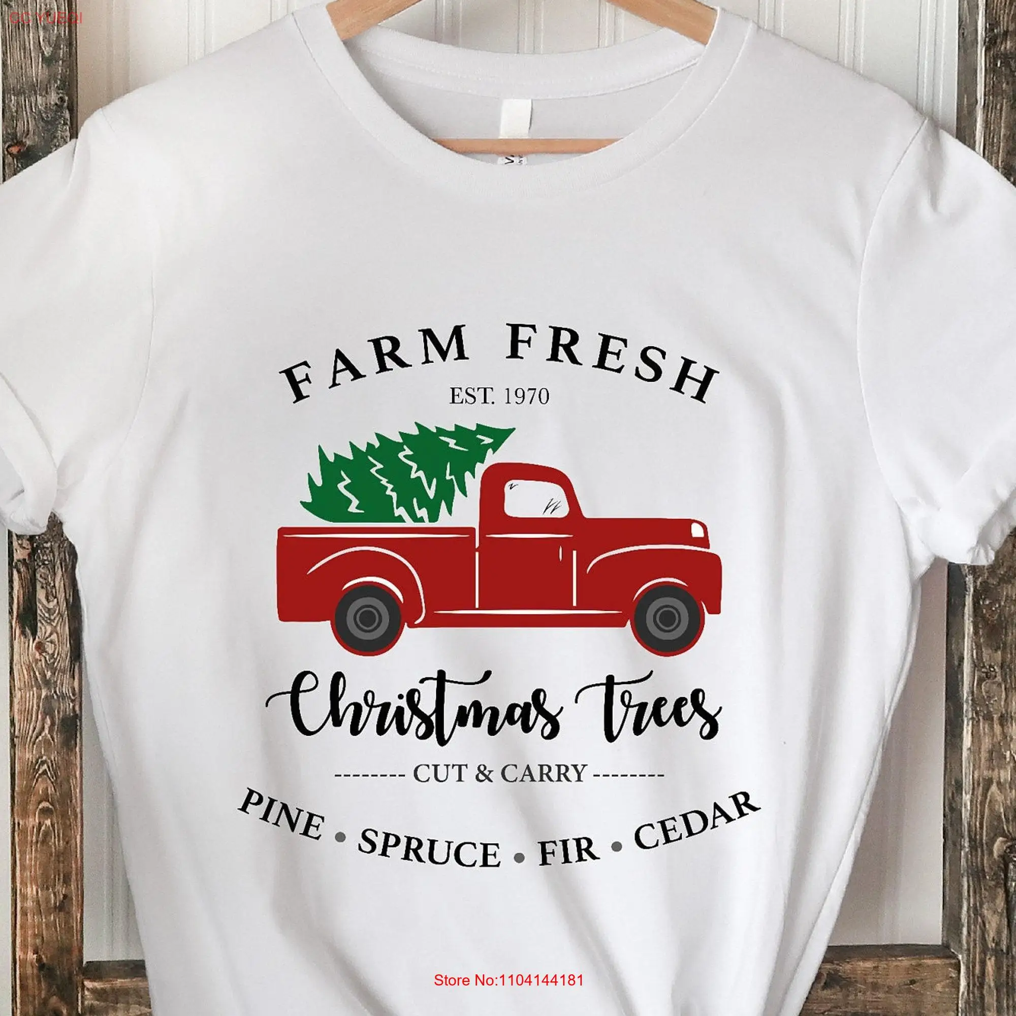 Farm Fresh Christmas Trees Truck T Shirt Red Family Winter long or short sleeves