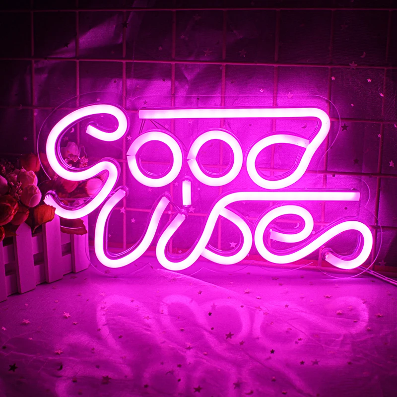 

ineonlife Pink Neon Sign Good Vibes Creative Lighting Wedding Party Decorative Neon Lamp Home Decor Night Light USB With Switch