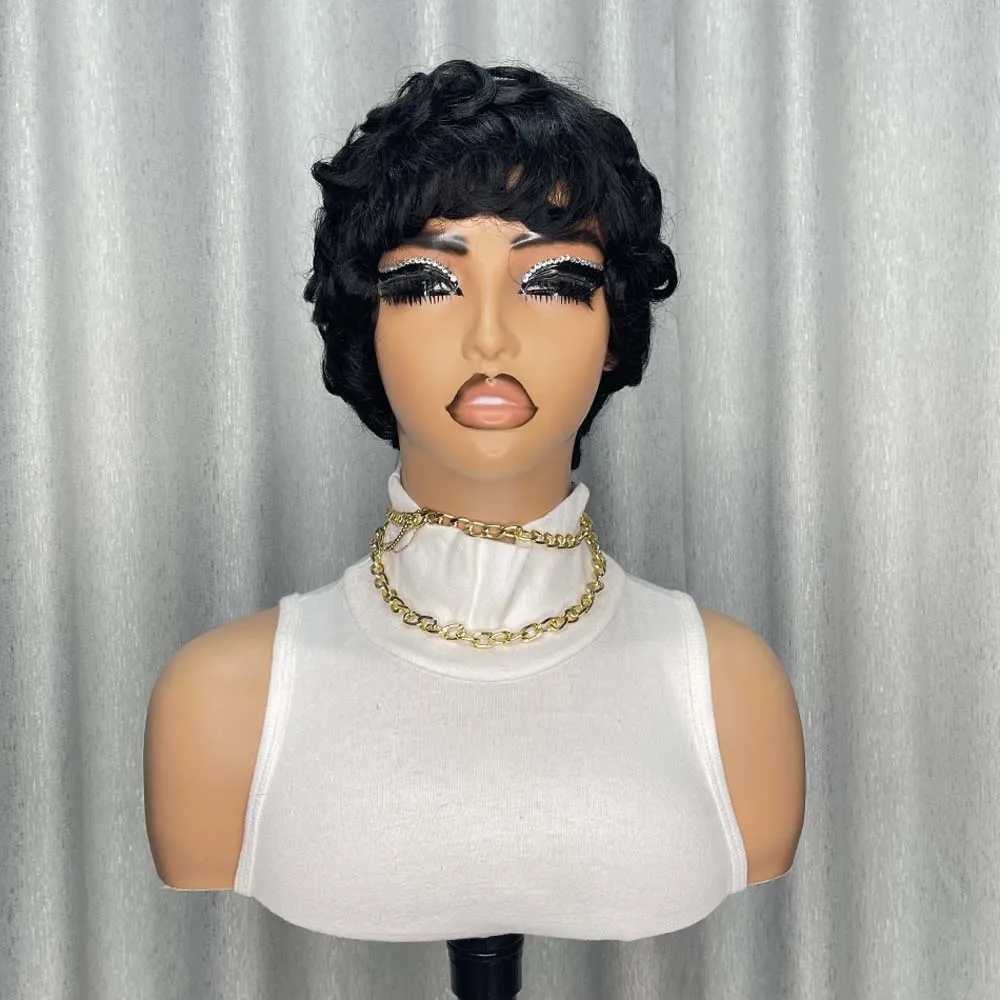 흑인 여성용 픽시컷 가발, 앞머리 있는 짧은 레이어드 가발, 자연스러운 검정색 인모 기계식 가발, 데일리용