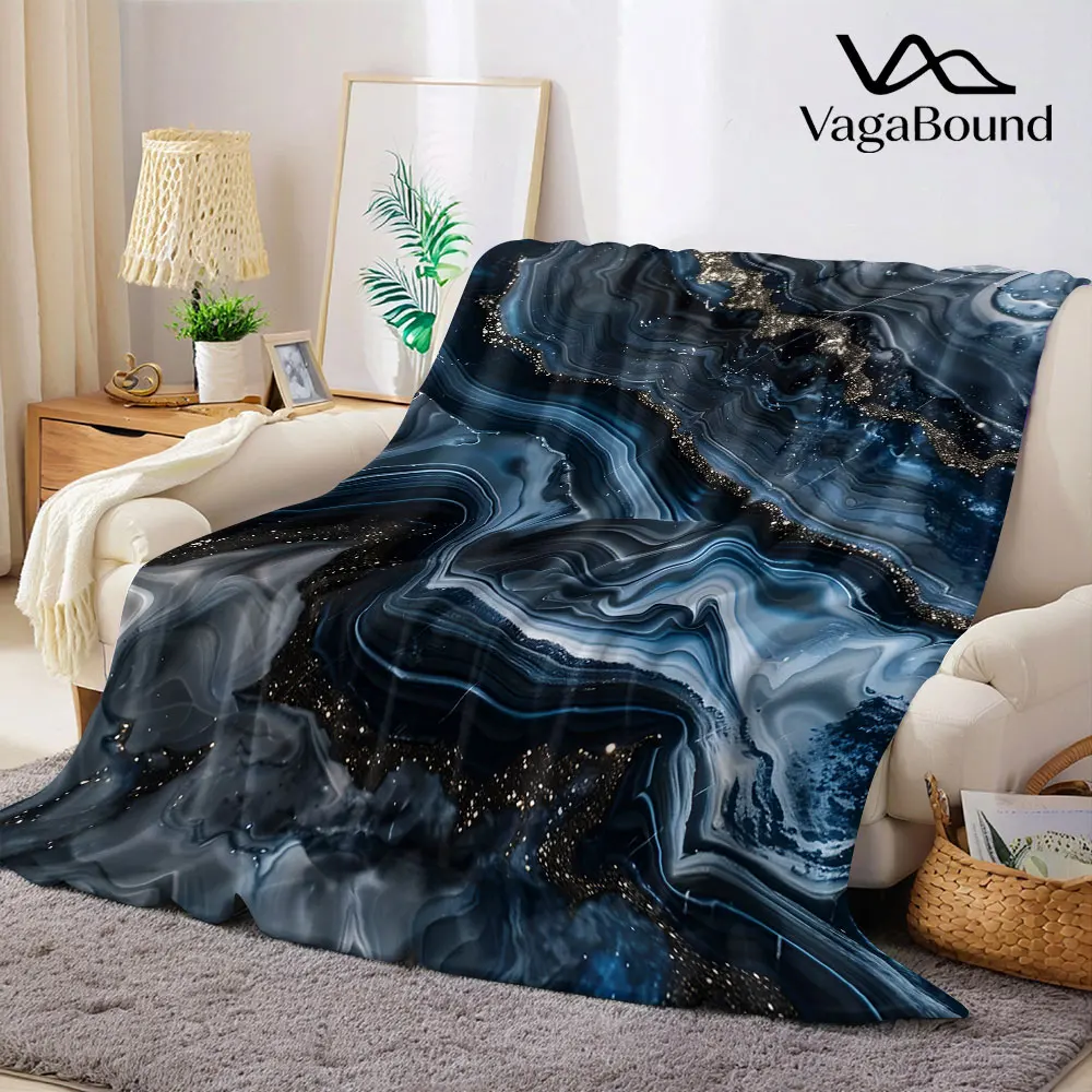 Navy Gold Kintsugi Agate Flannel Blanket Warm Soft Halloween Christmas Decorative Couch Warm Cozy All-Season Gift