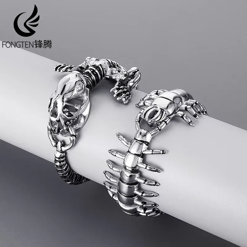 Fongten Stainless Steel Bangle Bracelet For Men Silver Color Skull Centipede Lizard Crocodile Charm Men Bracelets Wrist Jewelry