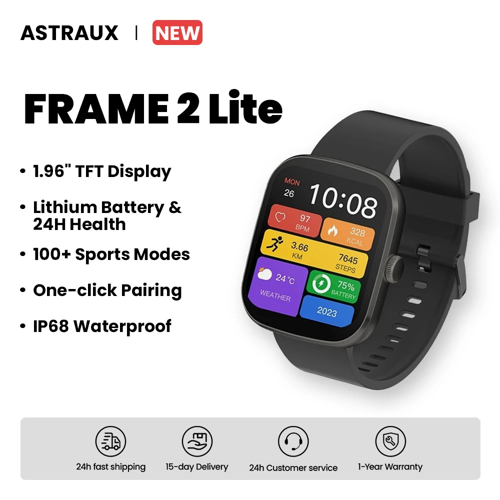

ASTRAUX FRAME 2 Lite New Sport Smart Watch 1.96“HD TFT Display IP68 Lithium Battery & 24H Health Bluetooth 5.3 One-click Pairin