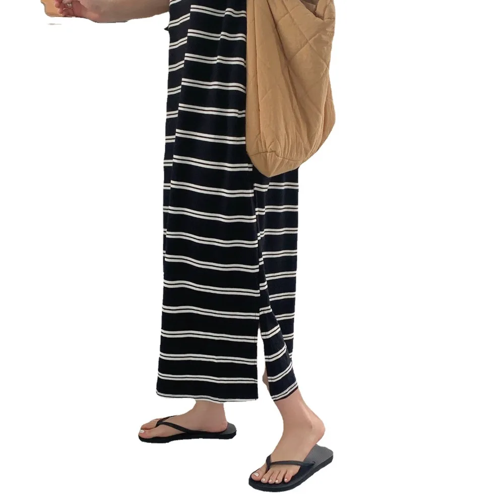 2025 Summer Korean Striped T-shirt Dress for Women with Versatile Design Loose Fit Slimming and Casual Long Dresses