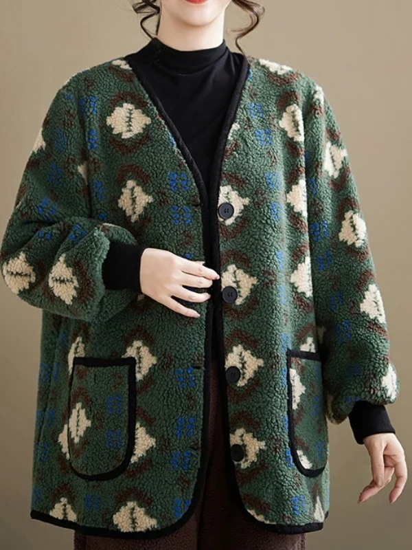 

Женский теплый кардиган средней длины с художественным принтом большого размера, теплый зимний кардиган с длинными рукавами и V-образным вырезом на одной пуговице