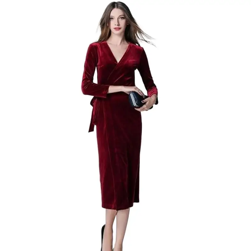 

women Autunm long sleeve cardigan laceup velvet dress, Spring sexy Evening party dress velour dress