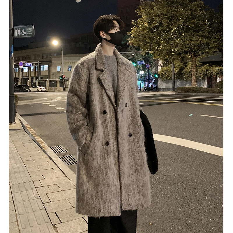 Korean Style Medium-length Men's Trench Autumn Winter High Quality Loose Casual Woolen Coat Trendy Overcoat Khaki/Dark Gray