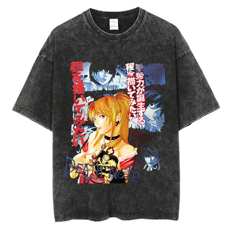 Angesagtes Harajuku Vintage Washed T-Shirt mit Death Note Anime Grafik-Druck, Übergroßes Baumwoll-Streetwear Unisex Top Tee