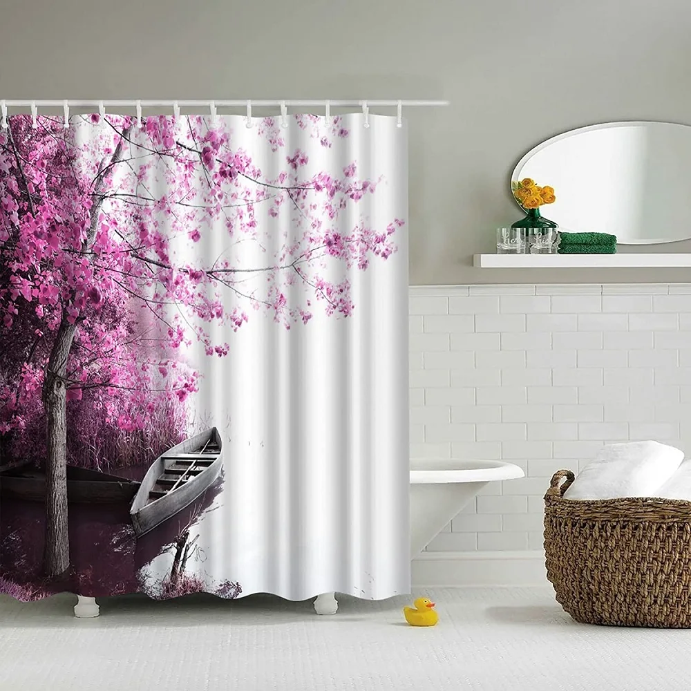 

Natural Forest Shower Curtain Pink Bloosom Tree Boat Scenery Bath Curtains Waterproof Fabric with Hooks Bathroom Decor Screens