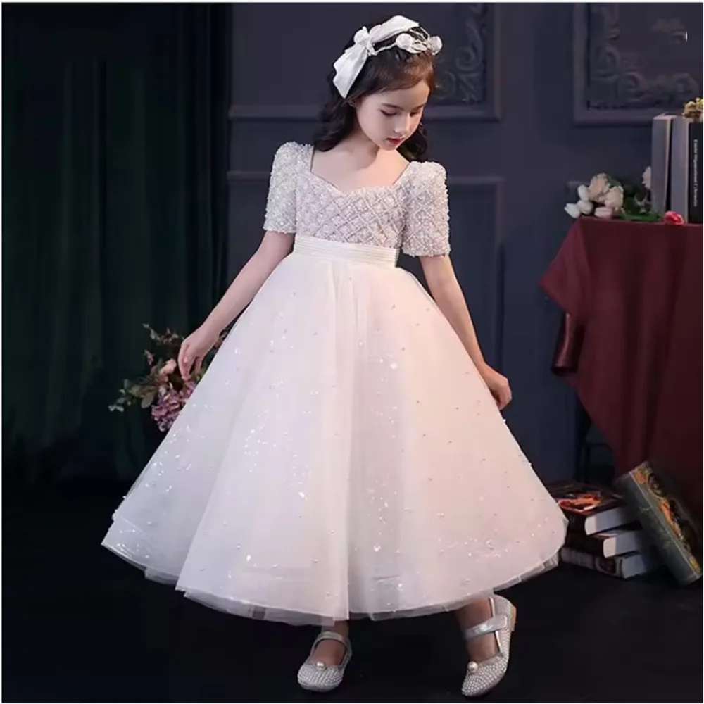 

Shiny Flower Girl Wedding Dress Sequin Beaded Princess Birthday Party Dress Children Host Performance Dress First Communion Gown