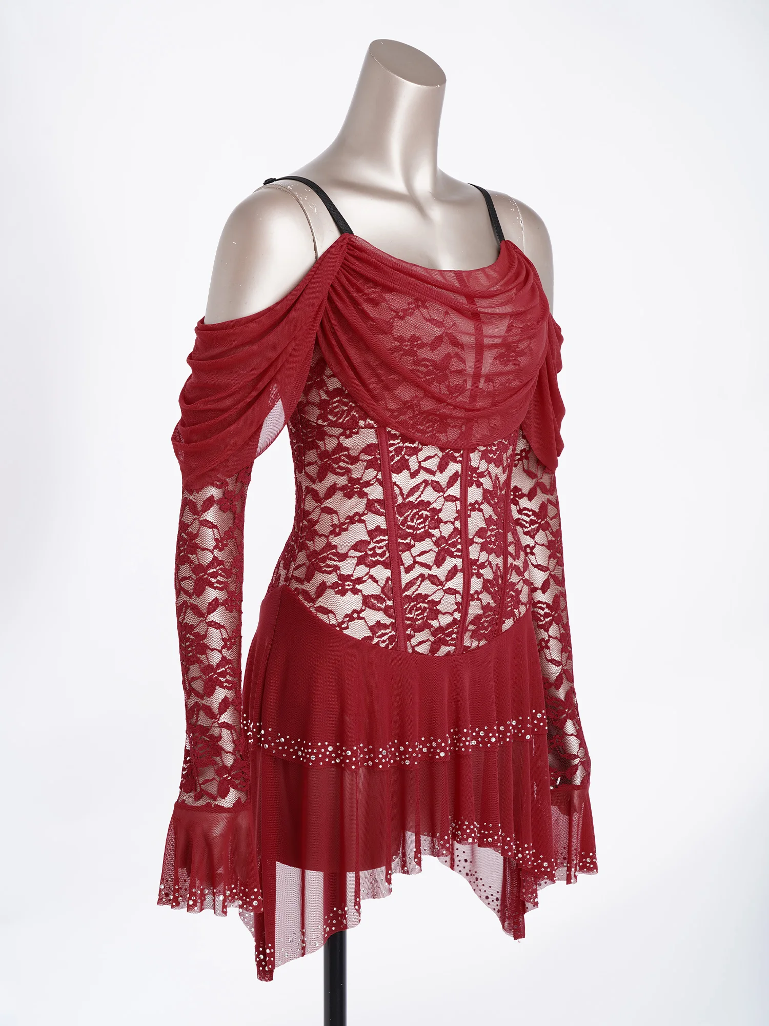 

Платье для фигурного катания женское, для лирических и современных танцев, с длинным рукавом, кружевное, с цветочным узором, для танго, сальсы, выпускного бала, выступлений