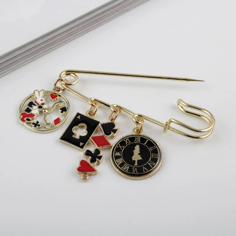 Alice inWonderland Cartoon Brooch Buckle Safety Pins Cute Metal Enamel Rabbit Clock Poker Shape Women Children Bags Hat Badge