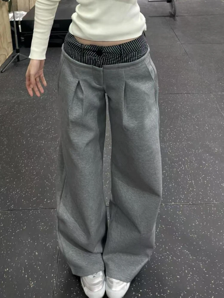 HOUZHOU American Retro Gray Pants Women Casual Plaid Patchwork Baggy Trousers Harajuku Hip Hop Retro Fashion Wide Leg Pants