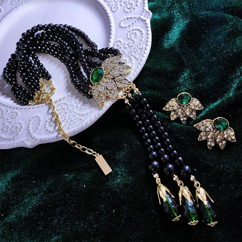 

Vintage Temperament Green glazed with Black Beads necklaces Earrings for women's Girl party gift Jewelry wholesale