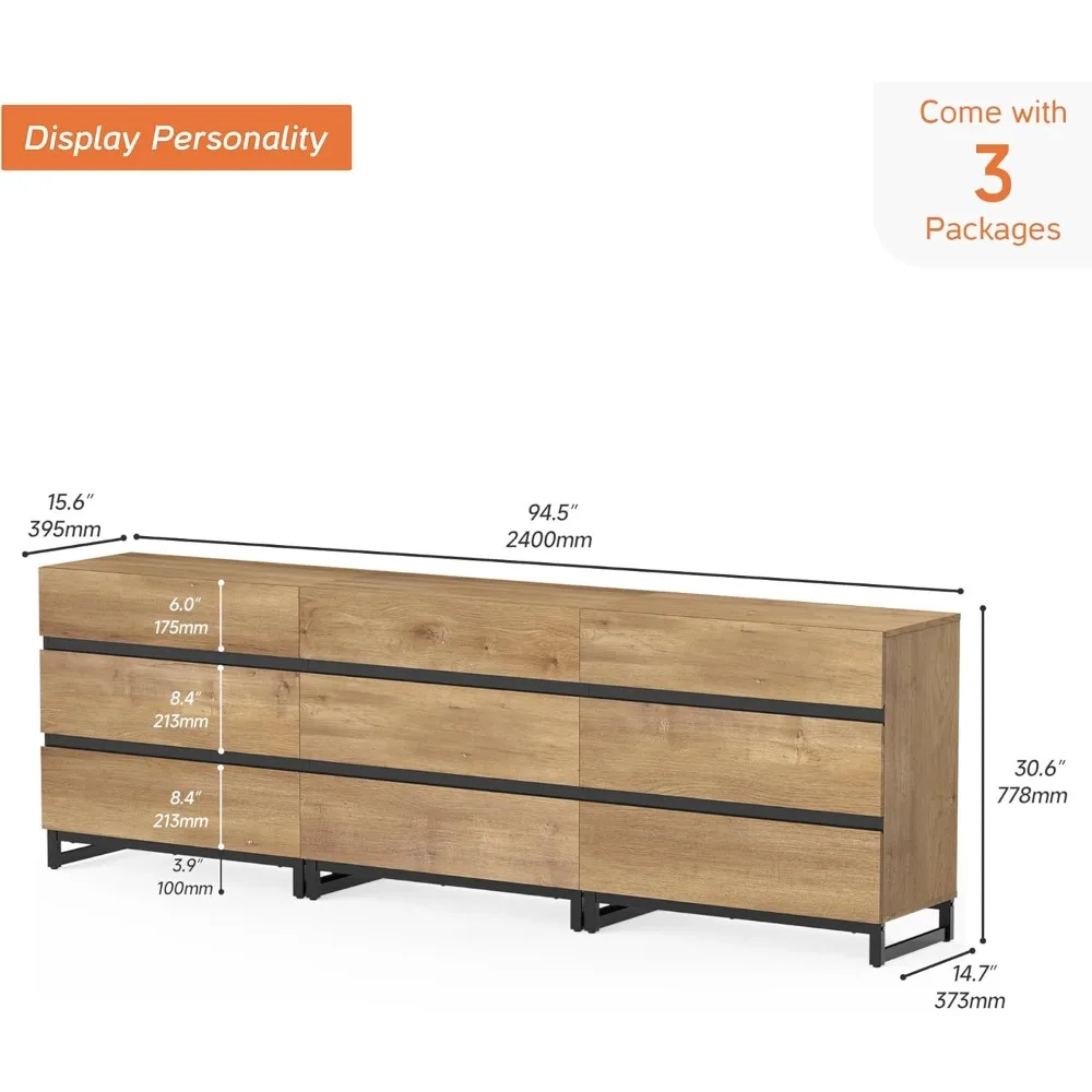 Dresser for Bedroom, Modern Wooden Chest of Drawers with Metal Base, 9-Drawer Storage and Closet Organizer for Living Room