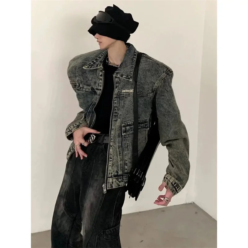 Original Retro Washed Shoulder Padded Denim Jacket for Men Niche High-end Design Sense Spring and Autumn Short Jacket 2025 Trend