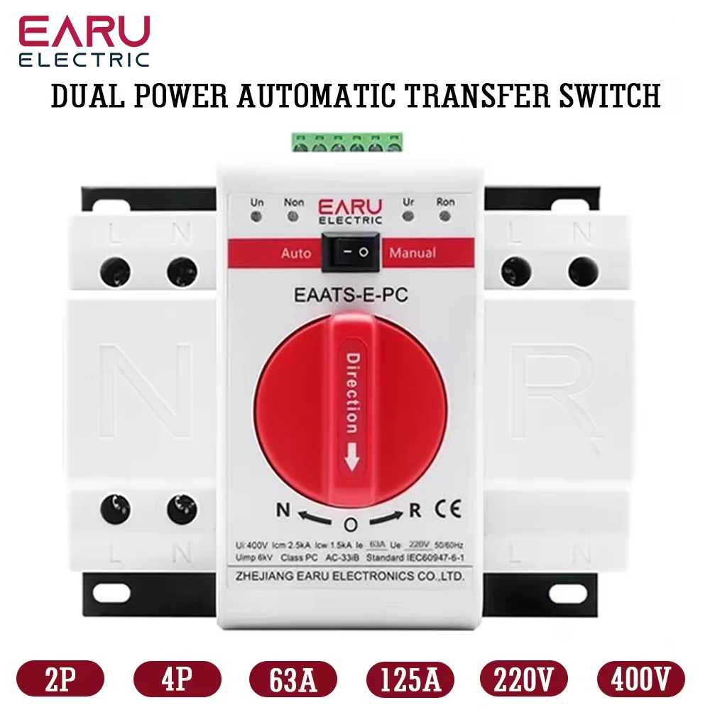 

63A 125A 2P 4P ATS PV Dual Power Automatic Transfer Switch AC230V 400V 50 60Hz Type MCB Auto Manual Sal Switches Circuit Breaker