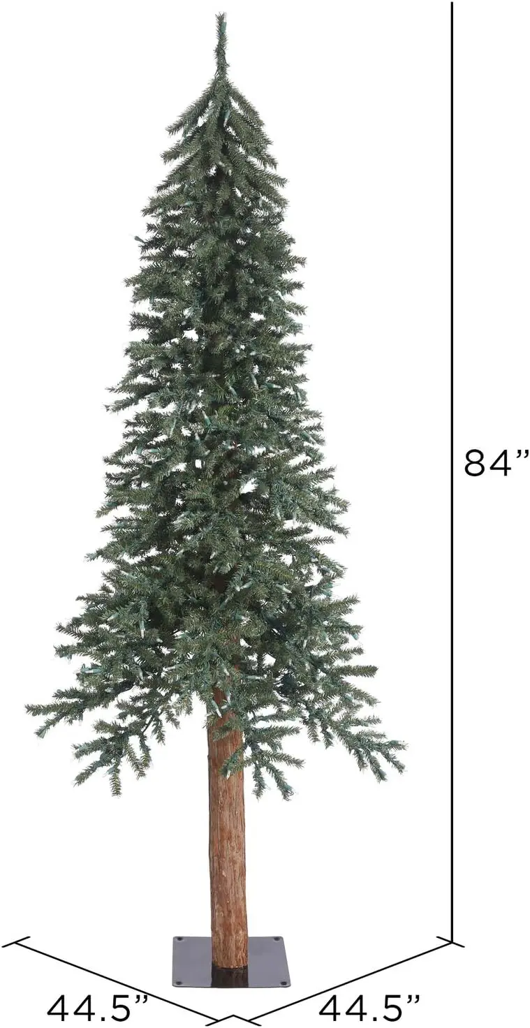 7フィートの天然樹皮風アルパイン人工クリスマスツリー、非照明、人工、本物の木の幹、フラットメタルスタンド付き