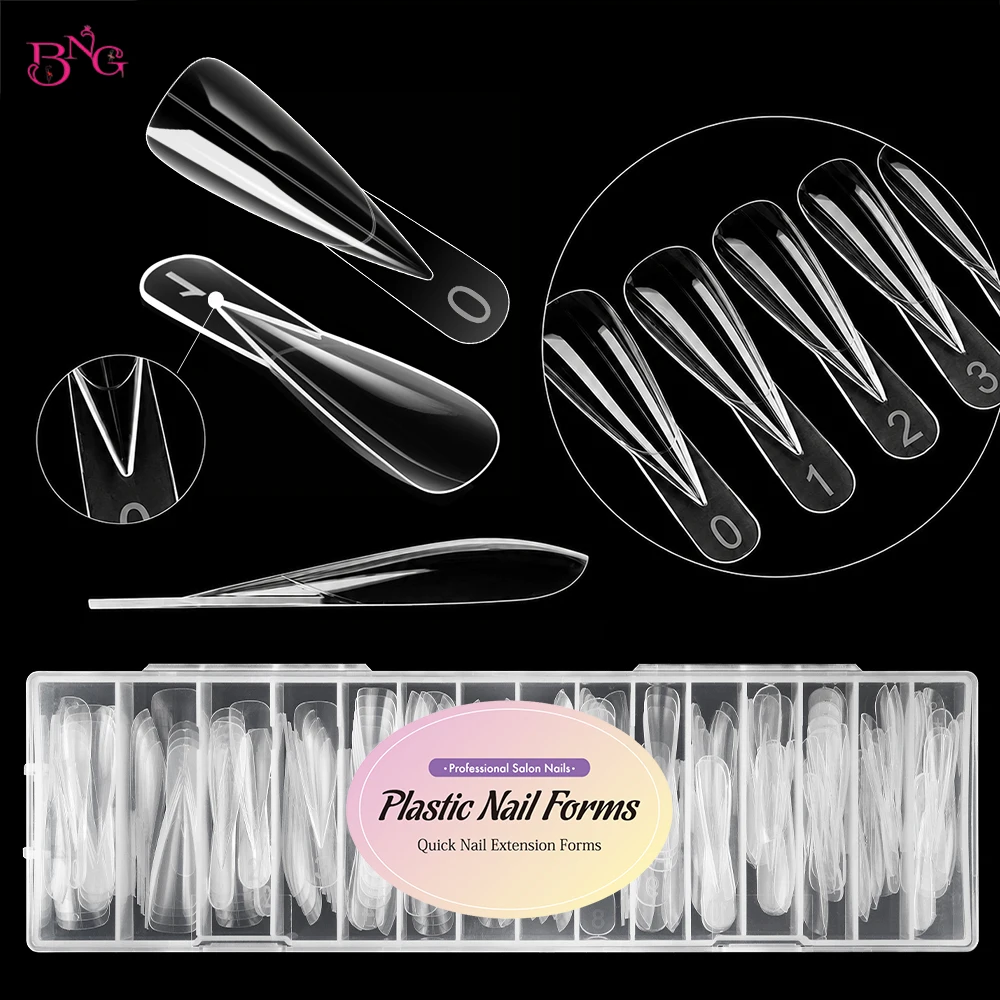 BNG Stiletto Nail Dual Forms Clear Nail Extension Molds 150PCS 15 Sizes Reusable Gel Extension Forms for Builder Gel Manicure