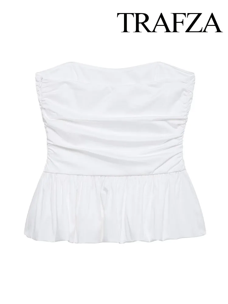 TRAFZA Women Elegant White Off-shoulder Ruched Sexy Strapless Top Woman Summer Fashion Side Zipper Slimming Vest Top Mujer